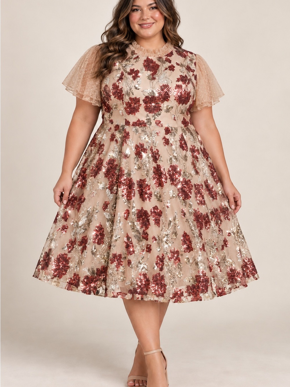 JessaKae Sequin Floral Dress 3X Tan Burgundy Fit & Flare Party Cocktail NWT